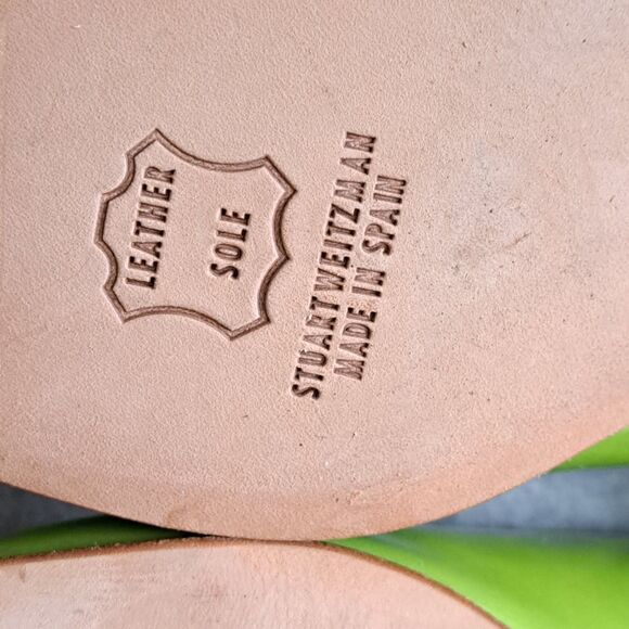 Stuart Weitzman Lime Green Patent Leather Peep Toe Flats 6.5 Gold Buckle Spain - Picture 10 of 12